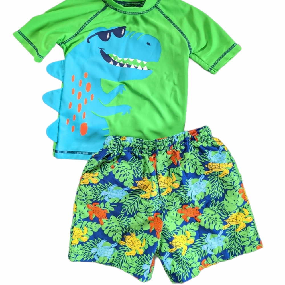Two piece swimsuit rashguard and swim trunks